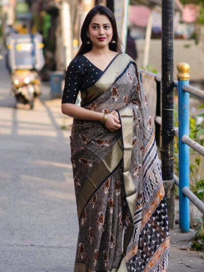 Fancy Designer Printed Silk Grey Saree