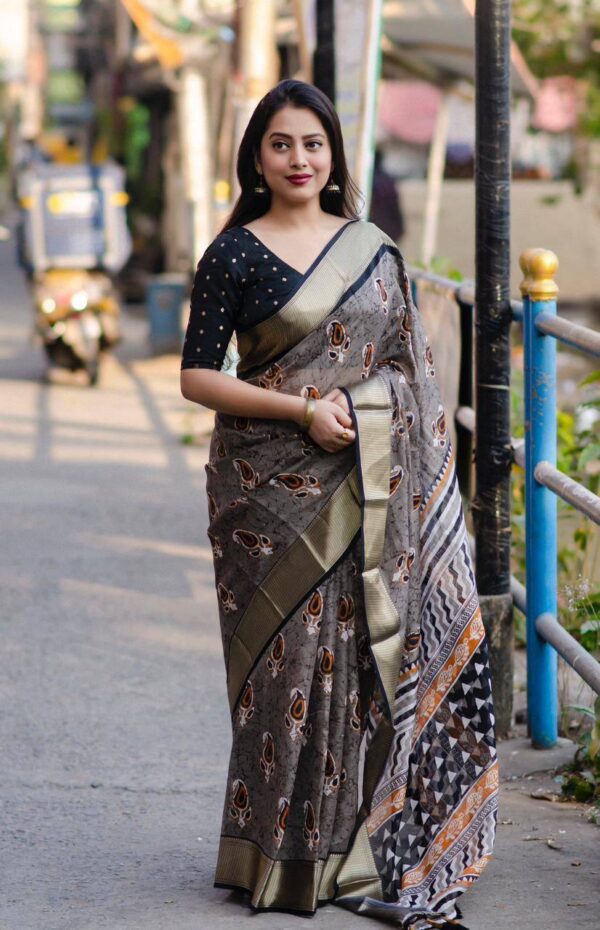 Fancy Designer Printed Silk Grey Saree