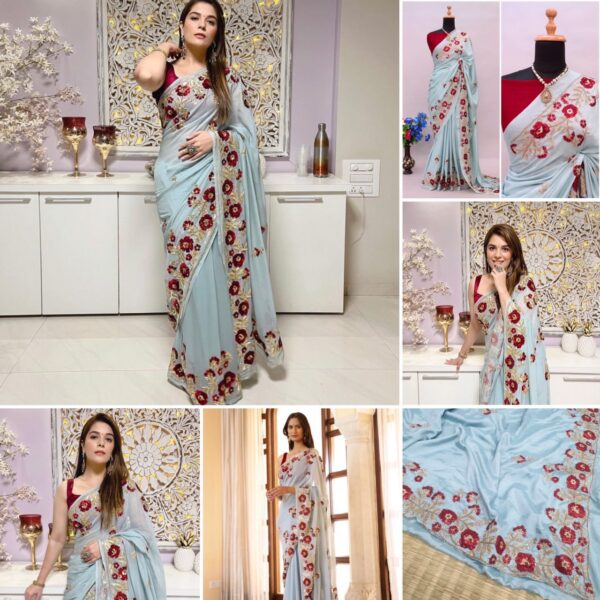 Sky Blue Saree With Fancy Work Border