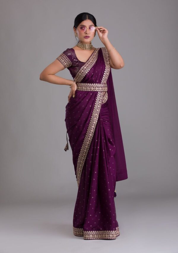 Wedding Purple Saree with Lace Border
