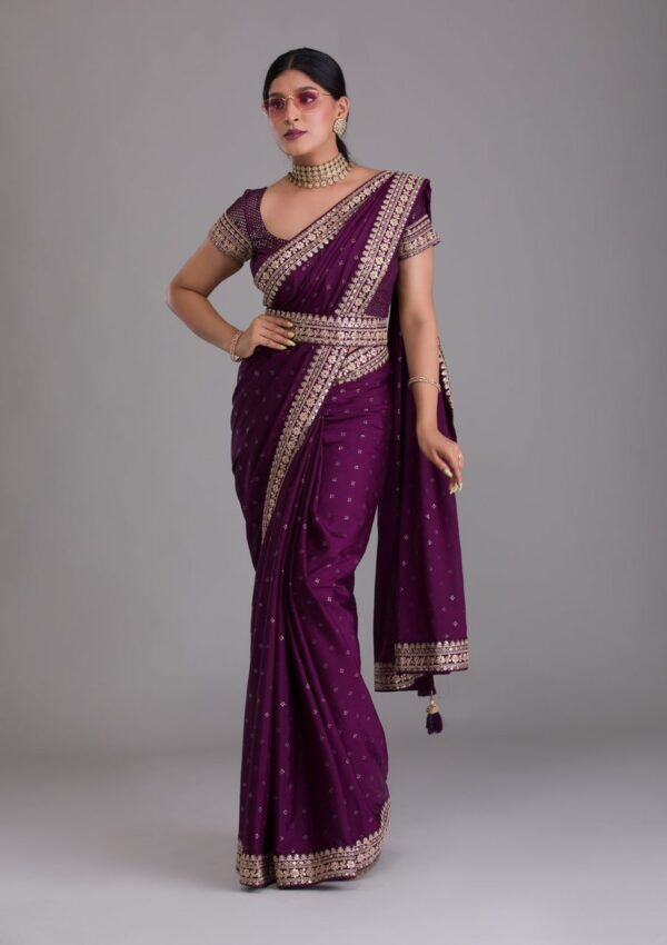 Wedding Purple Saree with Lace Border