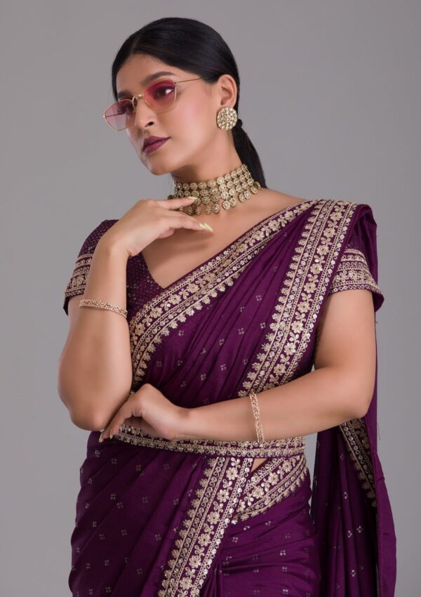 Wedding Purple Saree with Lace Border