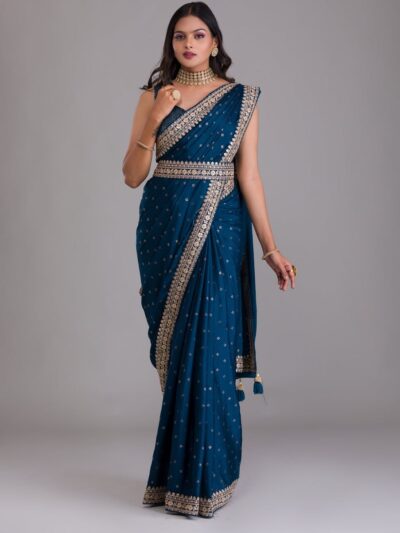 Wedding Work Lace Border Blue Saree