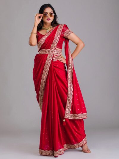 Wedding Party Red Saree with Lace Border