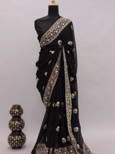 Fancy Thread Embroidery Work Black Saree