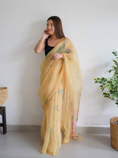 Designer Stylish Organza Yellow Saree