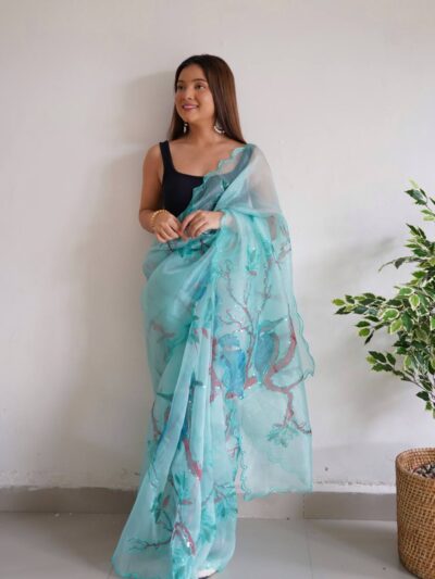 Fancy Party Organza Sky Blue Saree