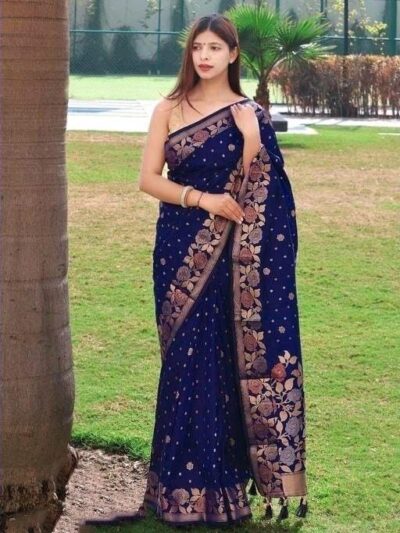 Banarasi Floral Border Silk Blue Saree