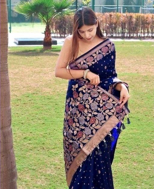 Banarasi Floral Border Silk Blue Saree