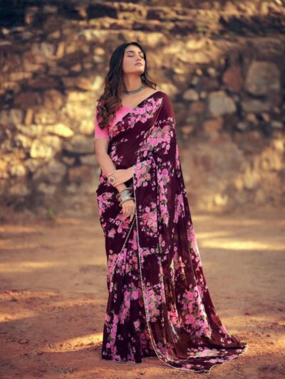 Latest Georgette Floral Design Purple Saree