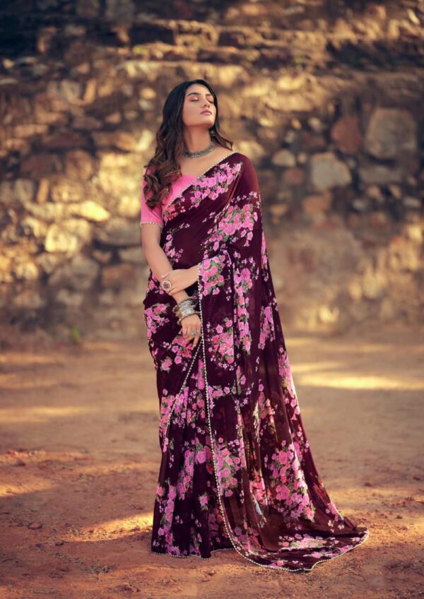 Latest Georgette Floral Design Purple Saree