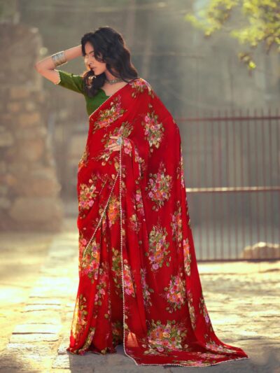 Stylish Floral Red Saree with Lace Border