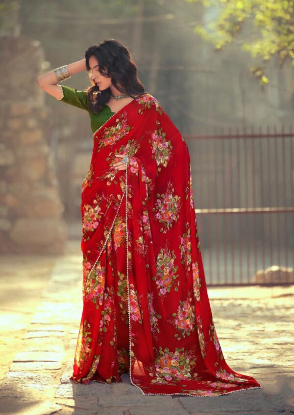 Stylish Floral Red Saree with Lace Border