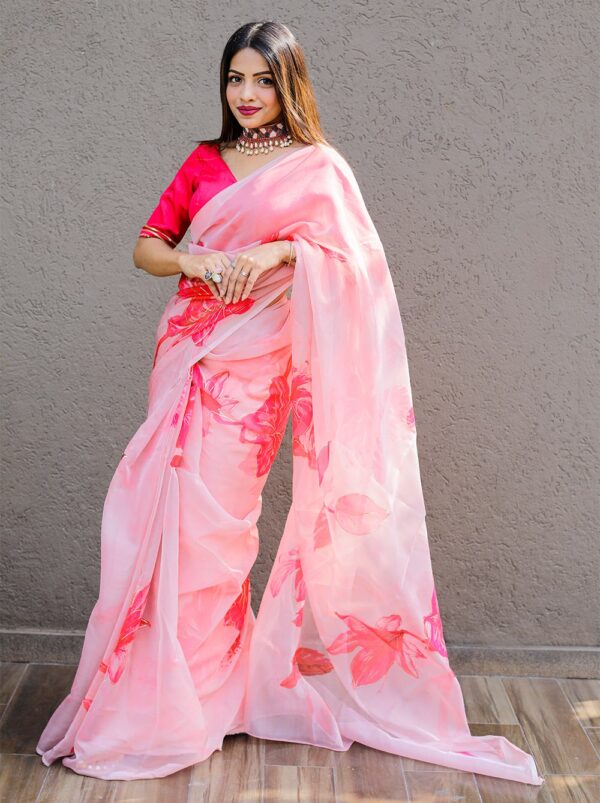 Organza Floral Printed Silk Pink Saree