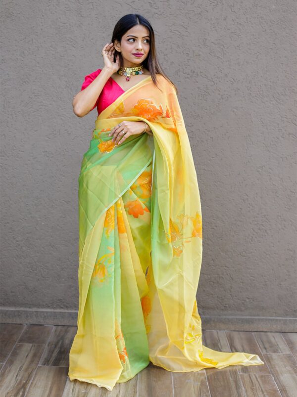 Fancy Organza Floral Design Yellow Saree