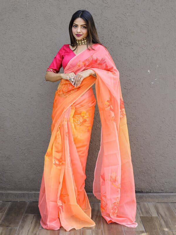 Party Floral Orange Saree in Organza