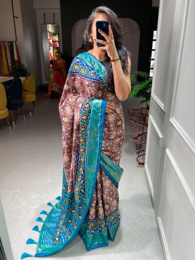 Patola Purple Saree with Sky Blue Border