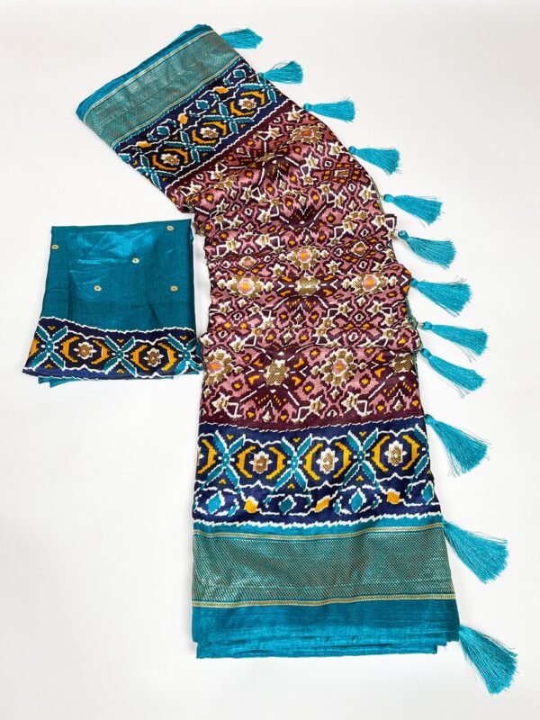 Patola Silk Purple Saree with Sky Blue Border