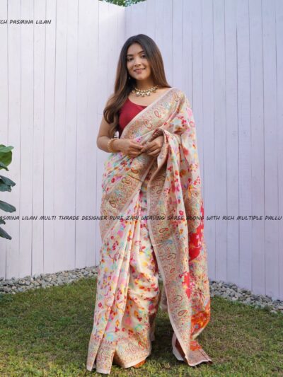 Latest Multi color Floral White Saree