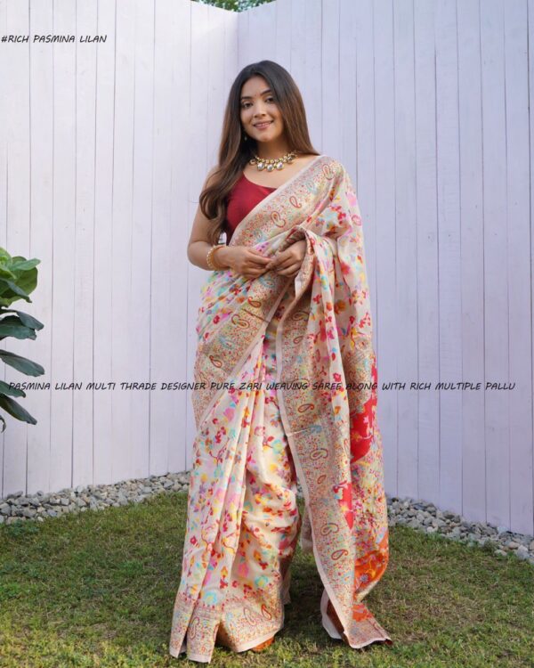 Latest Multi color Floral White Saree