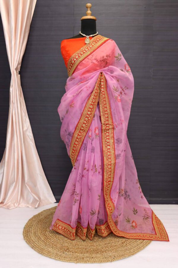 Organza Floral Party Pink Saree