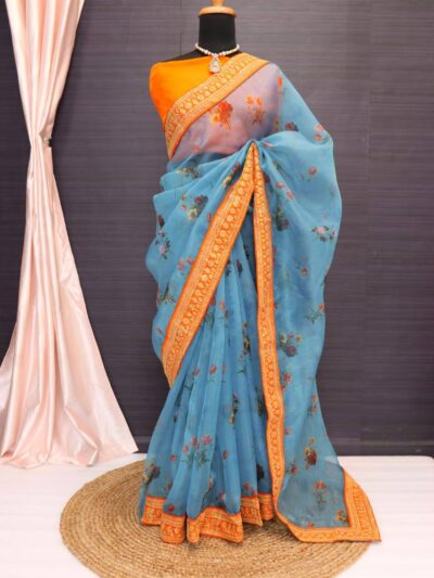 Floral Design Organza Sky Blue Saree