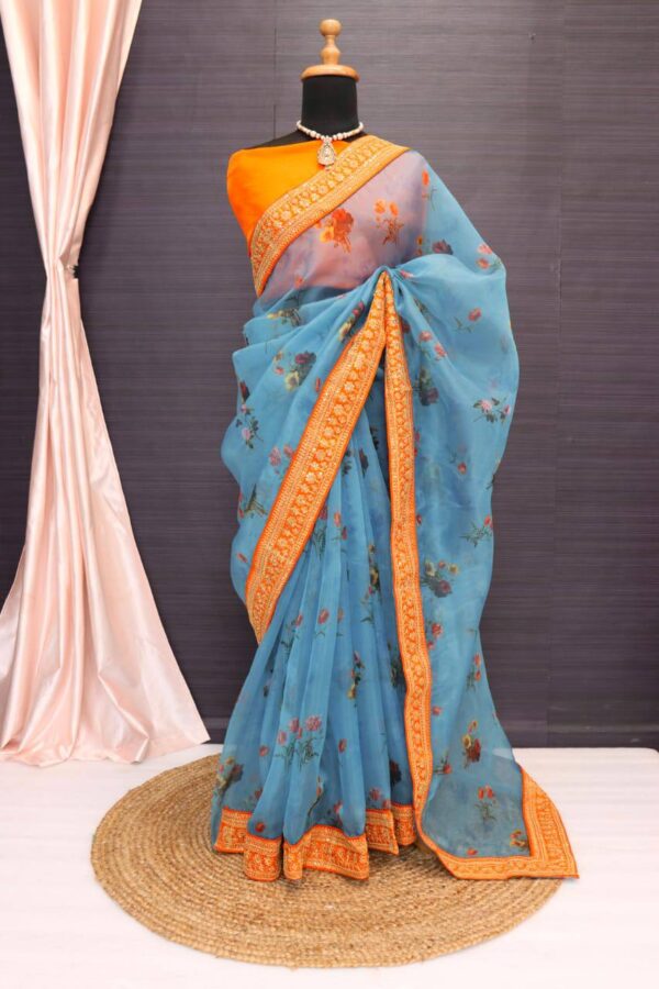 Floral Design Organza Sky Blue Saree