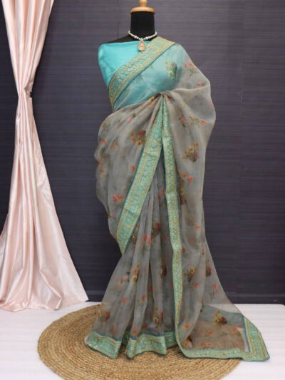 Organza Grey Saree With Work Border