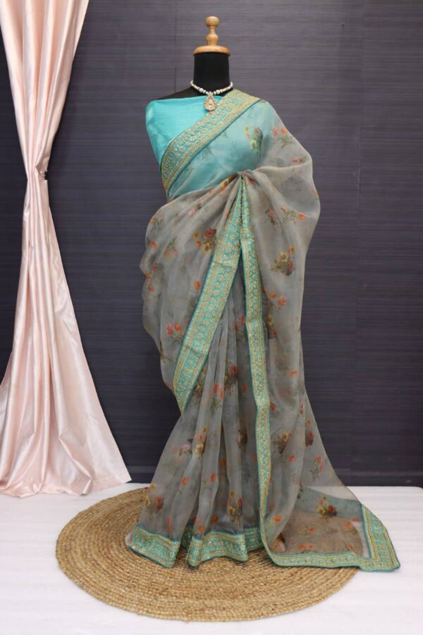 Organza Grey Saree With Work Border