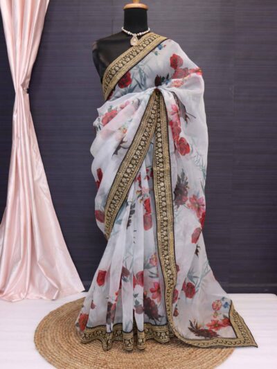 Stylish Floral Organza White Saree