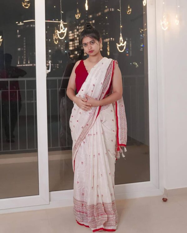 Fancy Lace Border Printed White Saree