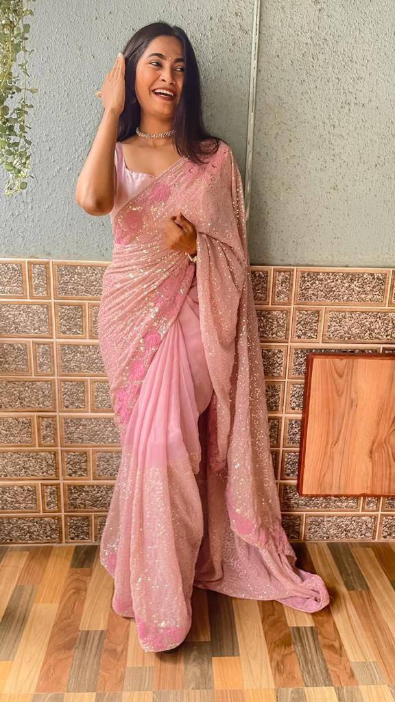 Wedding Party Sequence Work Pink Saree