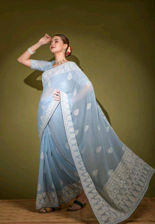 Fancy Women Wear work Sky Blue Saree