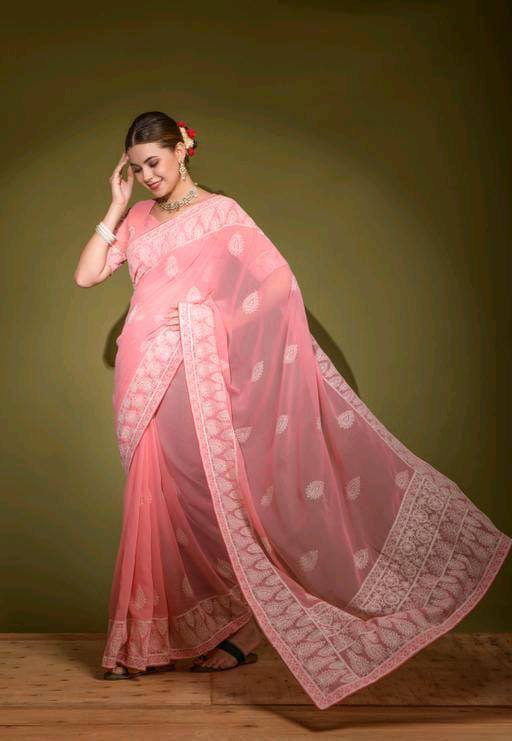 Work Wedding Stylish Look Pink Saree