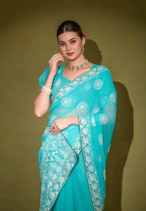 Sky Blue Saree with Traditional Work