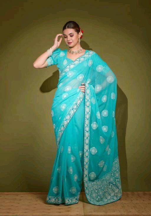 Sky Blue Saree with Traditional Work