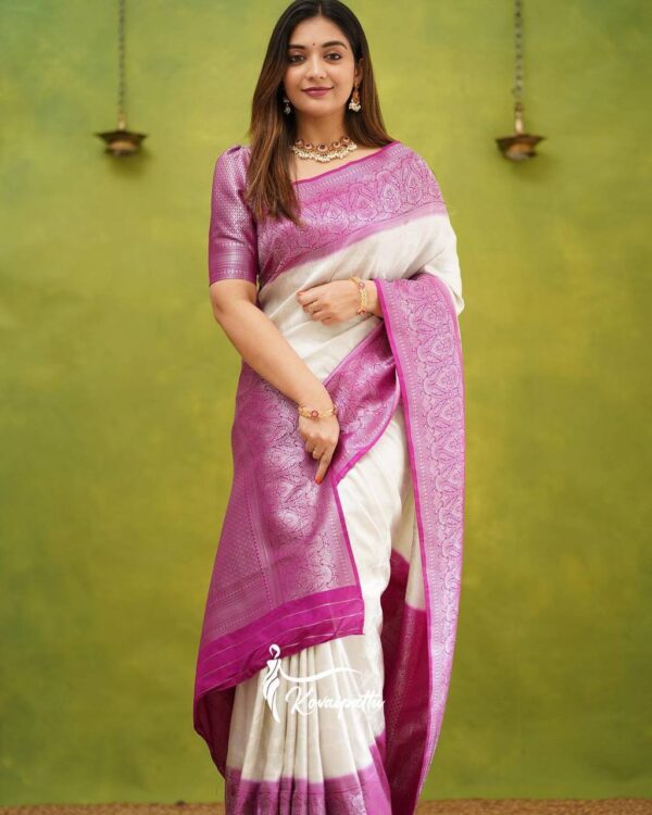 Kanjivaram White Saree with Pink Border