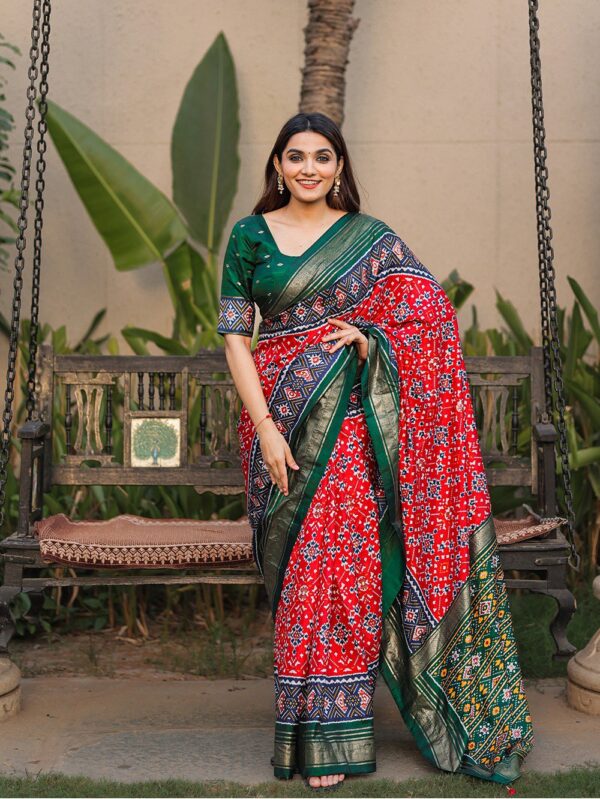 Silk Patola Green Border Red Saree