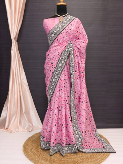 Fancy Printed Pink Saree with Lace Border