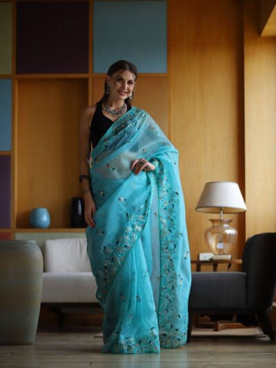 Party wear Organza Sky Blue Saree