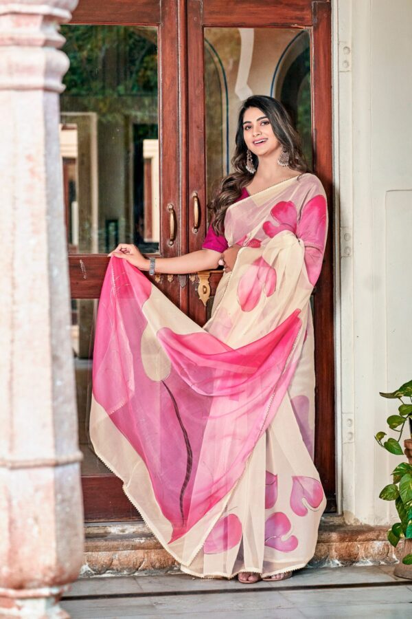 Floral Design Organza White Saree