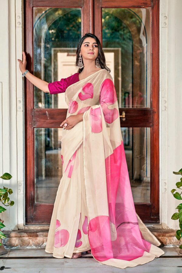 Floral Design Organza White Saree
