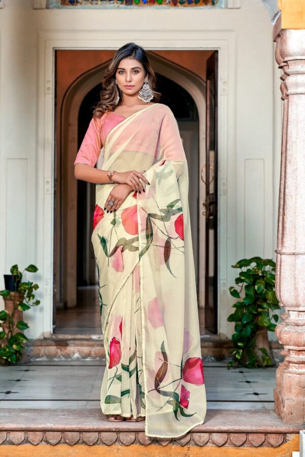 Organza Printed Fancy Floral White Saree