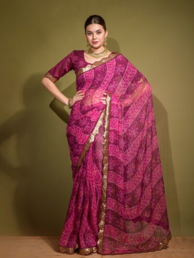 Chiffon Pink Saree with work Lace Border