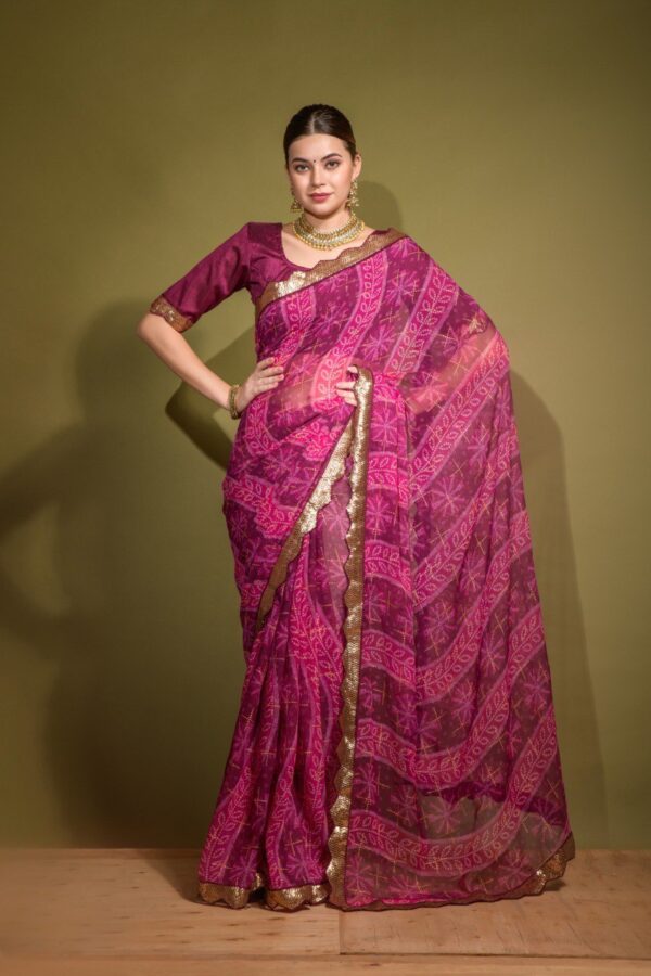 Chiffon Pink Saree with work Lace Border