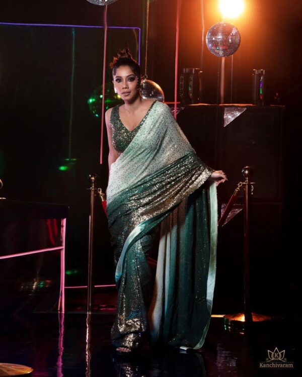 Sequence work Party wear Green Saree