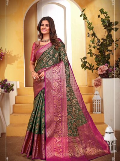 Designer Green Saree with Pink Border