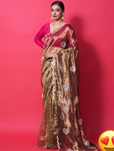 Festival Work Organza Brown Saree