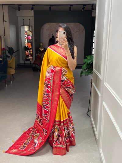 Wedding Haldi Patola Design Yellow Saree