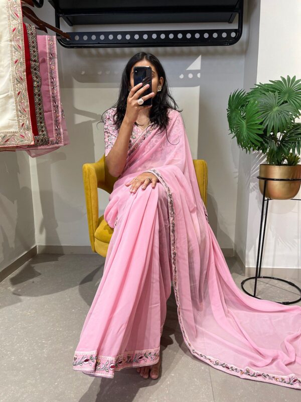 Wedding Party Work Border Pink Saree